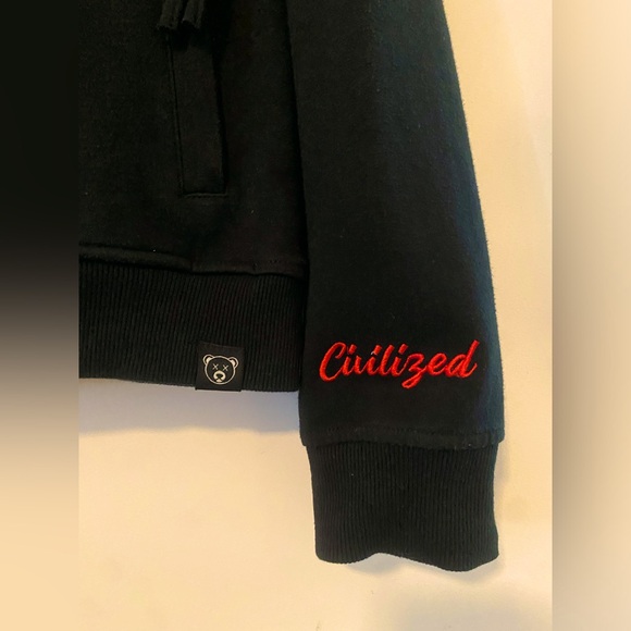 Civilized Funky Farms Men’s Small Black Glitter Zip Pockets Sweatshirt. - Picture 2 of 5